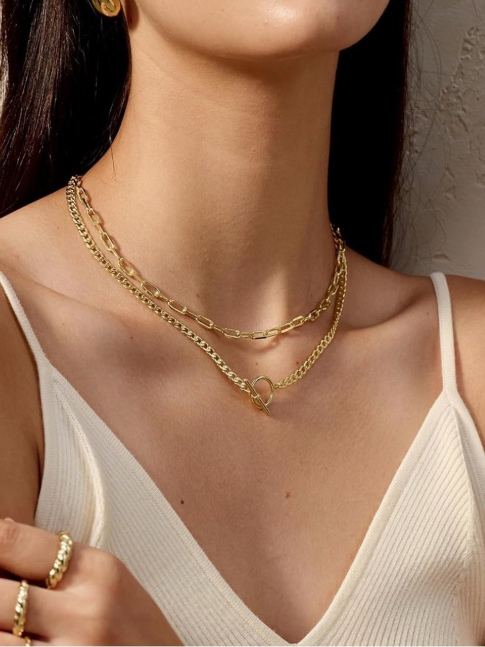 14K Gold Plated  Layered Paperclip & Cuban Link Necklace Set